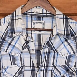 BKE Mens Plaid Button Down Shirt Athletic Fit Long Sleeve Blue White Black Large
